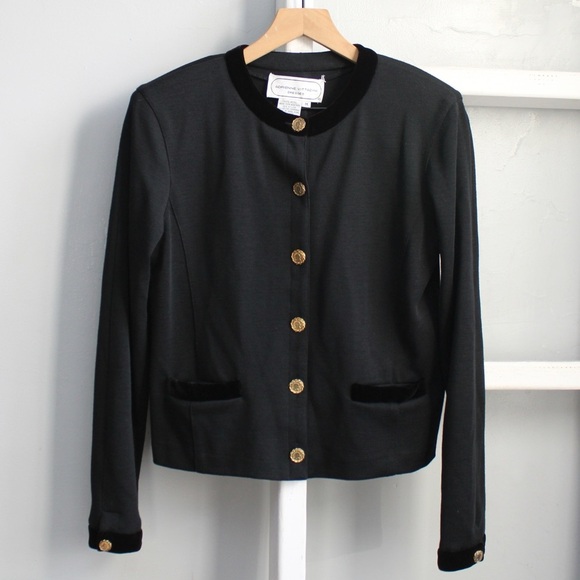 Adrienne Vittadini VTG Black Collarless Velvet Trim Cropped Blazer Size Medium - Picture 1 of 5